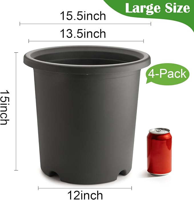 16 inch Deep Large Planters for Outdoor Plants, 4-Pack Plastic Plant Pots with Drainage Holes for Indoor Outdoor Gardening, Heavy Duty Garden Planter Flower Pots, (16" Top Dia × 15" Tall), Dark Gray