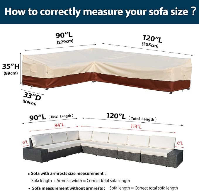 Outdoor Sectional Cover Patio Furniture Covers Waterproof Rip-Stop Anti-UV 600D Heavy Duty Couch Sofa Cover with 3 Air Vent (Beige & Reddish Brown, L-shaped 90"x120")