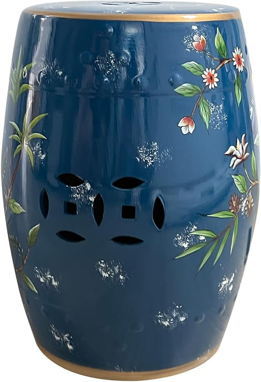 Ceramic Garden Stool, Hand-Painted Decorative Drum Accent Table for Indoor & Outdoor Use, Glazed Blue & White Chinoiserie Plant Stand, Side Table for Patio, Living Room, Bedroom, Balcony