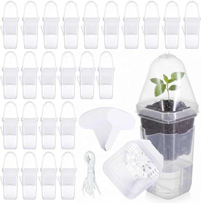 24 Pack 2.5" Small Self Watering Pots with Humidity Dome Clear Plastic Seed Starter Cups with Label Water Level and Drainage Holes for Cutting, Seedling, Propagation, Succulents, and Herbs
