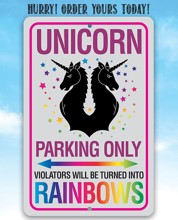 Unicorn Parking Only Metal Sign - Great for Nursery Decor, Girls Room Display and Birthday Decoration, Teen and Baby Room Gift Idea, 12x18 Use Indoors or Outdoors Durable Metal Sign