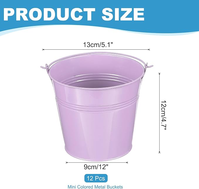 PATIKIL 5.1"x4.7" Small Metal Buckets with Handle, 12 Pcs Mini Galvanized Bucket Colorful Easter Buckets for Crafts Party Favors Decoration, Light Purple