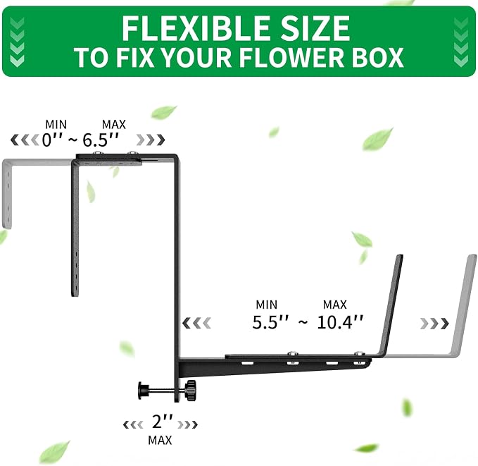 Window Box Brackets, Adjustable Planter Box Brackets, Heavy Duty Iron Flower Box Brackets for Railings, with Enhanced Bottom Support - Perfect for Balconies, Fences, and Gardens (Black, 6 Pack)