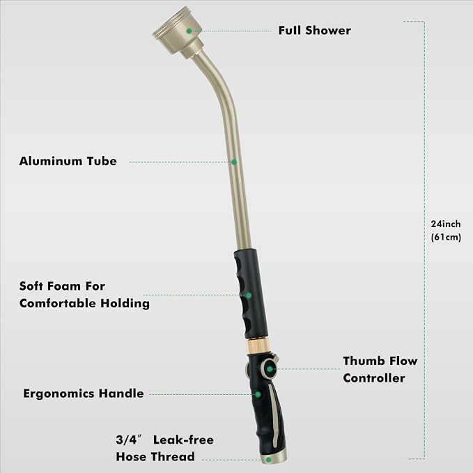 RESTMO Long Watering Wand, 24 Inches Gentle Soft Full Shower Sprayer Wand with Thumb Flow Control, Heavy Duty Metal Hose Wand for Hanging Baskets, Shrubs, Plants, Flowers, Garden and Lawn