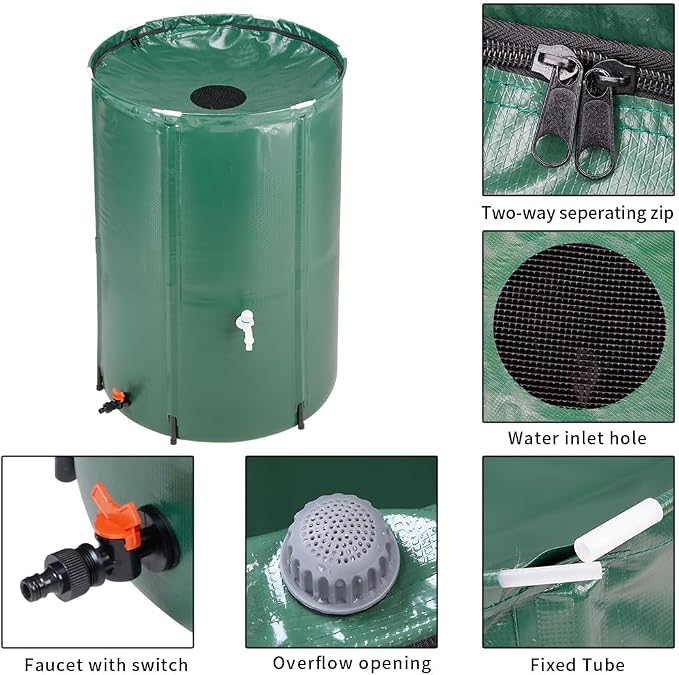 100 Gallon Collapsible Rain Barrel, Portable Rainwater Collection System, Water Storage Tank, Rain Catcher Barrel with Two Spigots and Overflow Kit, Rain Water Barrel Collector for Garden, Green