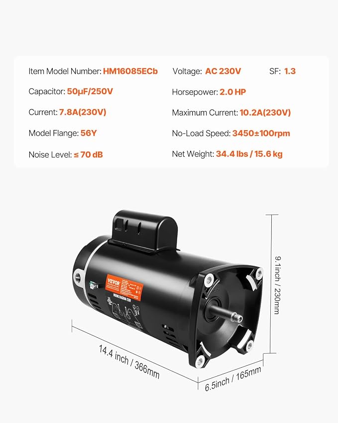 VEVOR 2 HP Pool Pump Motor, 3450 RPM High Speed, 230V (7.8 Amps), 50μF/250V Capacitor, 1.3 SF, CCW Rotation, 56Y Square Flange Replacement Motor for Swimming Pools, Spa Centers