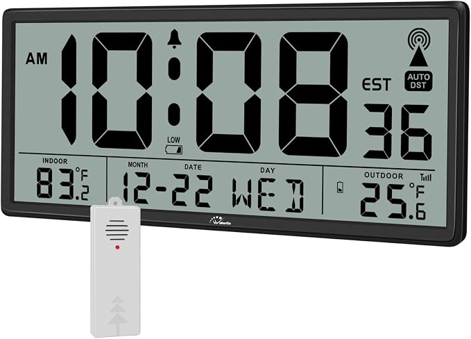 WallarGe Atomic Clock with Indoor Outdoor Temperature - Easy to Read - Self Setting, 14.5'' Jumbo Auto Set Digital Wall Clock Battery Operated