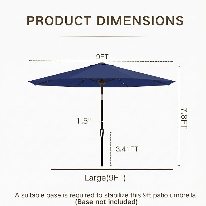 Kingdura 9FT Outdoor Patio Umbrella with Solar Lights, Market Table Umbrella with Push Button Tilt & Crank, 8 Sturdy Ribs, 32 LED Lights, UV Protection for Garden Lawn Deck Backyard Pool (Navy blue)