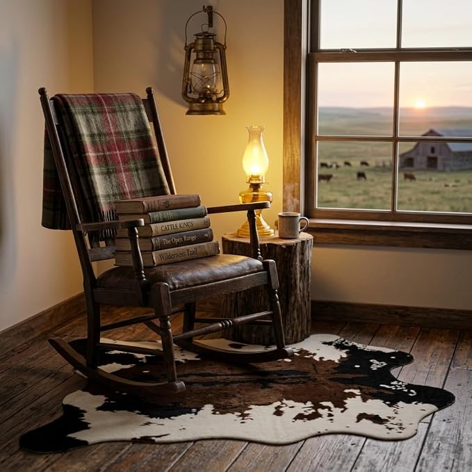 MustMat Faux Cowhide Rug 4'7"×5'3",Cow Print Western Ranch Decor | Brown/White Cow Rug For Bedroom, Entryway, Living Nooks. Western Rustic Style, Great For Cowboy Birthdays & Holidays