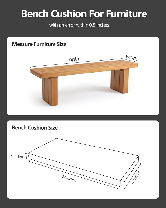 Bench Cushion 32x12x2 inches, Strengthen Waterproof Outdoor Seat Cushions, High-Density Bench Pad, Detachable Cover Cushion for Bench, Outdoor Cushions for Patio Garden Swing Furniture - Black