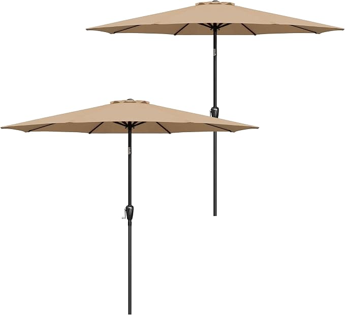 Simple Deluxe 2 Pack 9FT Outdoor Patio Umbrella Table Market Umbrella with Push Button Tilt and Crank, 8 Sturdy Ribs, UV Protection Waterproof for Garden, Lawn, Deck, Backyard, Pool,Tan