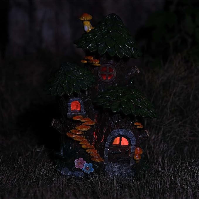 Solar Garden Tree Fairy House Outdoor Statues Yard Resin Decoration Gift Handmade Housewarming Gift for Patio Yard Lawn Waterproof Cracking