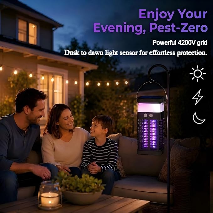 Solar Bug Zapper Outdoor & Indoor, 4200V Electric Mosquito Killer w USB Rechargeable 4000mah Battery, Waterproof Fly Trap for Gnat, Fruit Fly, Moths, Portable Pest Control for Indoor, Outdoor