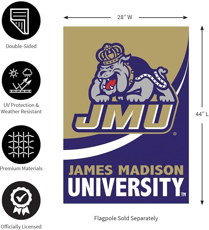 Team Sports America NCAA James Madison University House Flag, 28 x 44, Double Sided Garden Flags for Outside, Outdoor College Flags & Banners for Garden Patio, Indoor Wall Decor Flag for Room