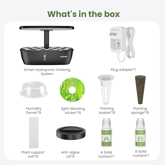 litokam Hydroponics Growing System Kit, 15 Pods Indoor Herb Garden with Smart APP & Quiet Pump, 24W LED Light, Auto Timer, Indoor Garden for Herbs, Vegetables & Flowers, Ideal Gift for Plant Lovers