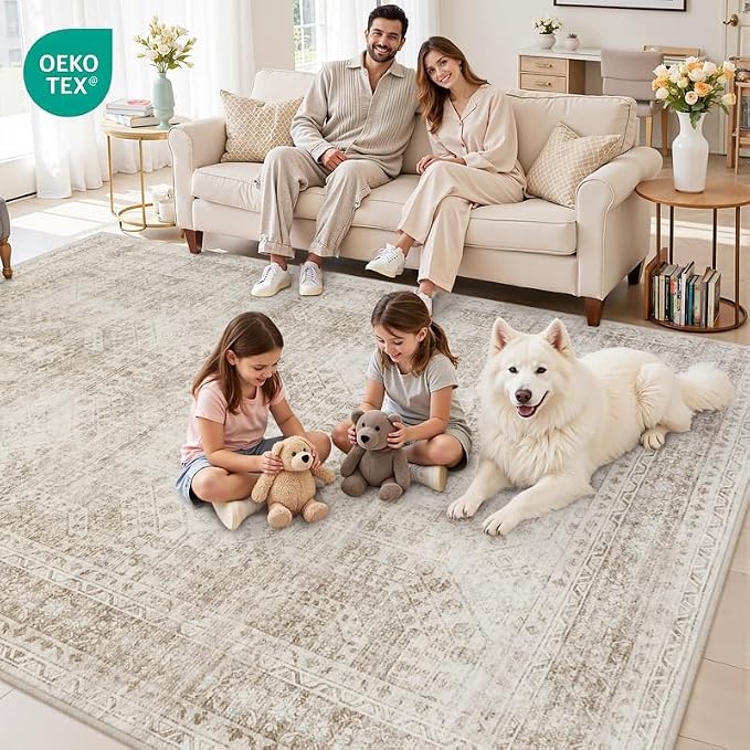 6x9 Area Rugs Living Room: Bedroom Neutral Washable Carpet Brown | Vintage Boho Soft Small Indoor Decor Floor Non-Slip Low Pile Neutral Farmhouse Entryway Laundry Bathroom Bedroom Beside Rugs