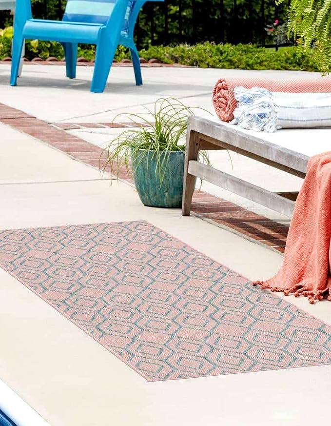 Jill Zarin Outdoor Collection Area Rug - Turks and Caicos (2' x 8' Runner Pink and Aqua/Light Blue)