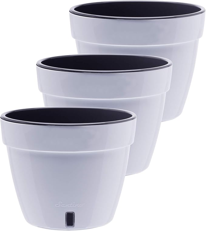 DECOPOTS - 3 Pack - Self Watering Planter - Modern Flower Pot with Water Level Indicator for All House Plants, Flowers, Herbs - Height 8.3 inches (Diameter 10.6", White - Black)