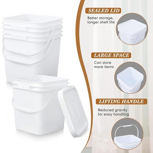 Mumufy 5 Pcs 3.5 Gallon Square Food Grade Bucket with Lid Square Bucket Pail Plastic Handles for Long Term Food Storage, Camping, Fishing, Home Organization Easy Stack and Store (White)