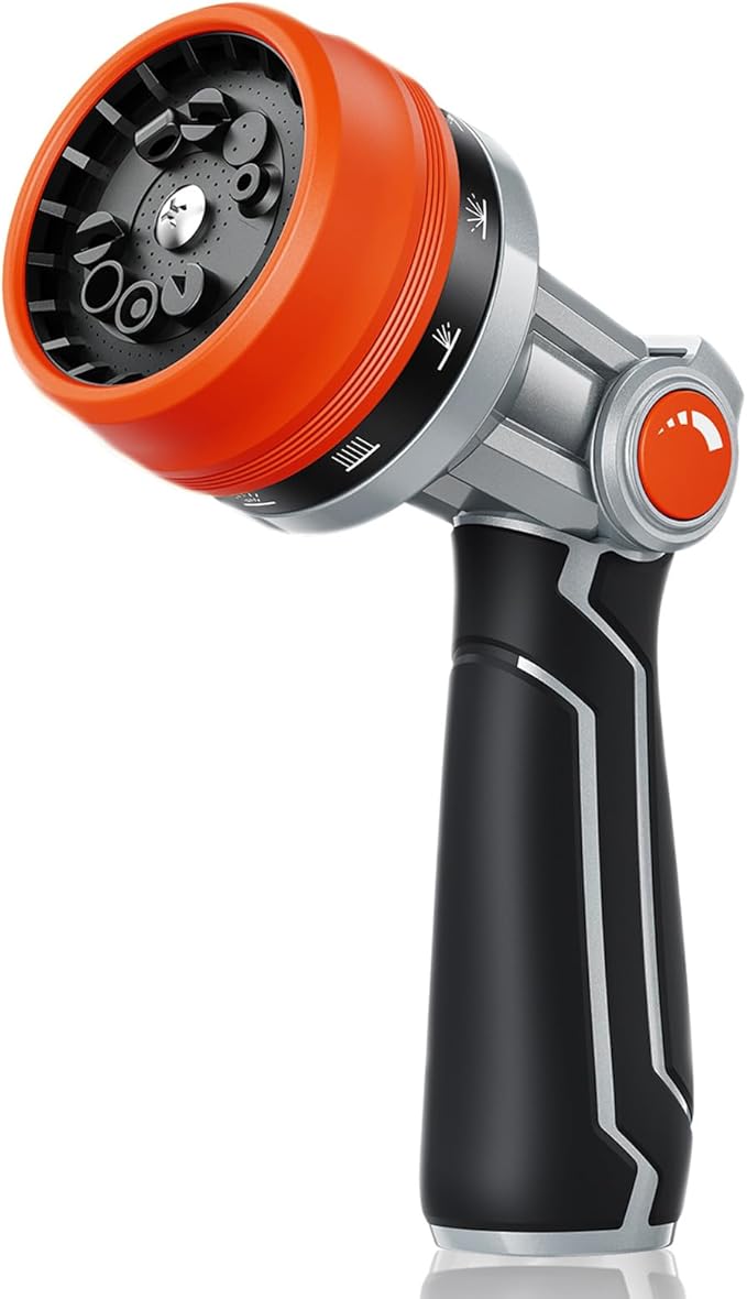 RAINPOINT Full-Metal Garden Hose Nozzle, Heavy Duty Water Hose Nozzle Sprayer With 10 Adjustable Patterns & High Flow,Thumb Control For Flow Adjustment, Ideal For Watering, Washing, Cleaning,Orange