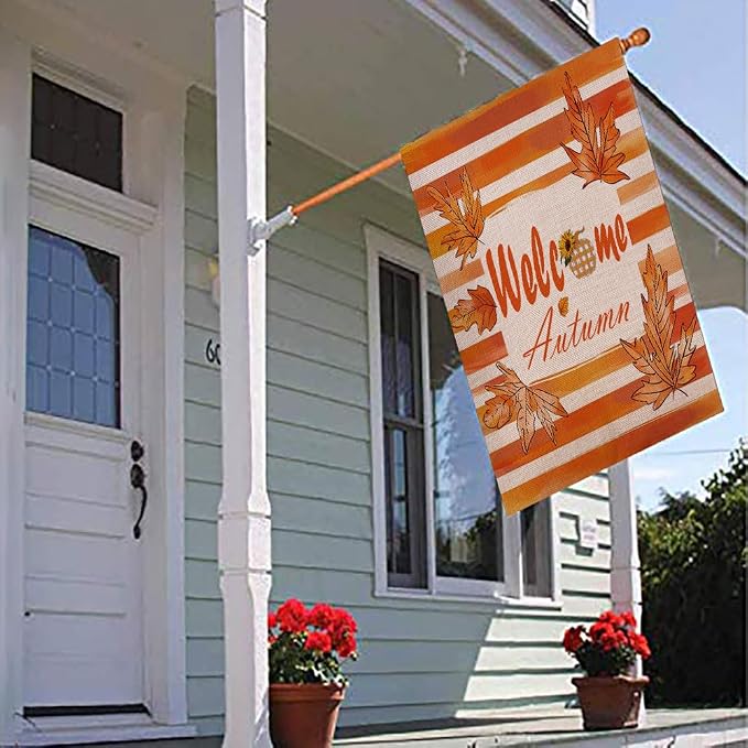 EMMTEEY Welcome Garden Flag Fall Leaf 28X40 Double-Sided, Seasonal Yard Flags Welcome Autumn Large Burlap Garden Flags for Outside Front/Back Door