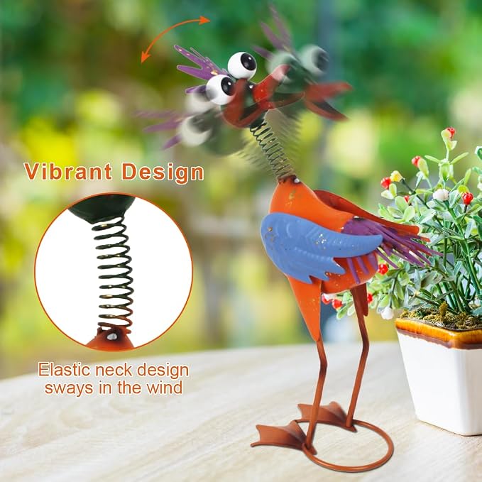 Metal Wacky Rooster Garden Statue for Patio, Backyard, Lawn | 16.54'' Rooster Decor, Yard Statue Decorations Outdoor, Chicken Yard Art, Yellow & Blue