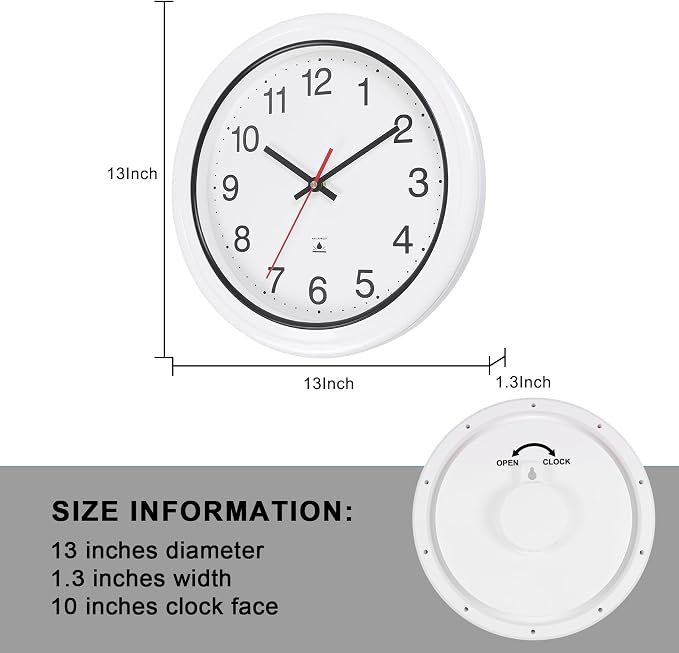 13 Inch Outdoor Full Waterproof Clock Bathroom Wall Clocks Waterproof Clocks for Patio Pool Garden Indoor Outdoor, White