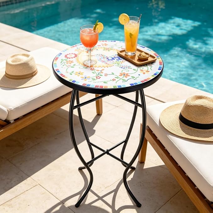Mosaic Outdoor Side Table Small Round Patio Table Plant Stand | 21" Accent End Table with 14" Ceramic Tile Top for Small Spaces Porch Pool Garden Decor Indoor Living Room Bedroom Balcony