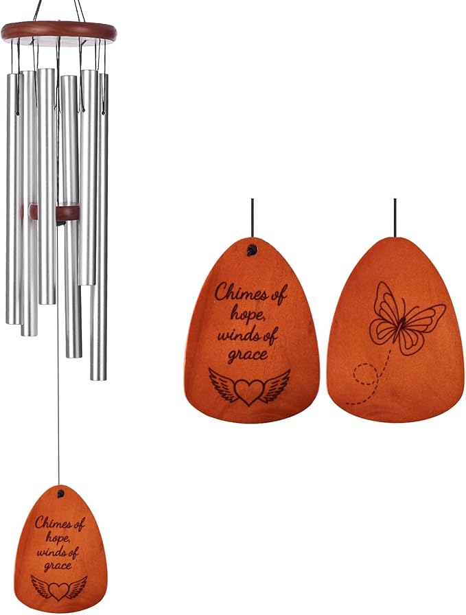 Sympathy & Memorial Wind Chimes for Outside – Deep Tone Aluminum Chimes with Mute Feature, Inspirational Poem, Butterfly & Heart Art Wooden Sail, Outdoor Garden Decor (Silver, 32 Inch)