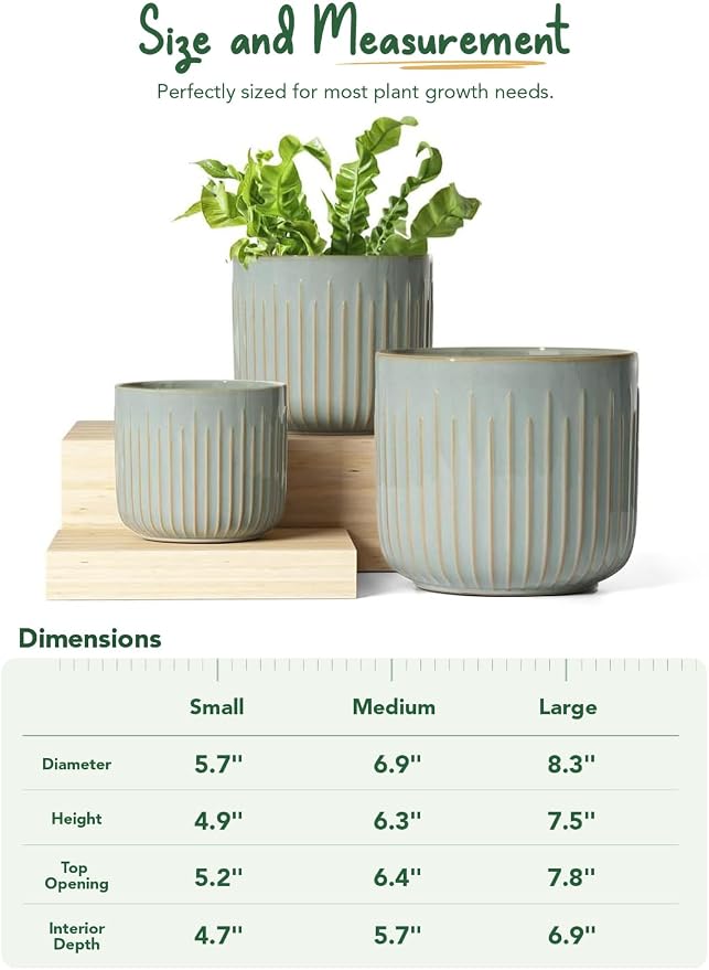 LE TAUCI Ceramic Pots for Plants, 8.3/7/6 Inch Indoor Planters with Drainage Holes & Mesh, Modern Glossy Glaze Cylinder Fluted Plant Pot for Snake Plant, Set of 3, Mist Gray