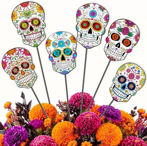 6 Pcs 12 Inch Day of The Dead Sugar Skull Halloween Garden Stakes by Qeinwha