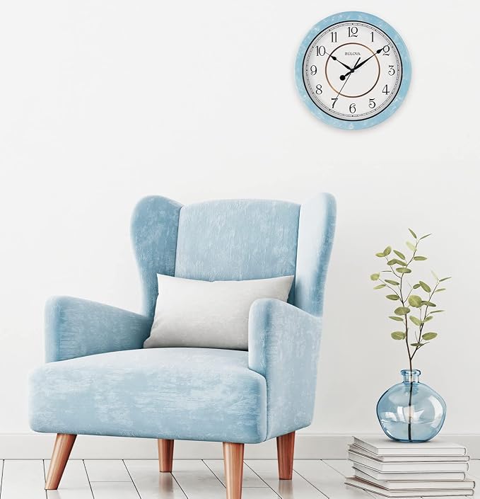 Bulova Skylark Wall Clock C4884 | 10.25" Sky-Blue Resin Case with Cloud Pattern | Silent Sweep Quartz Movement | Battery Operated | Outdoor Waterproof Wall Décor