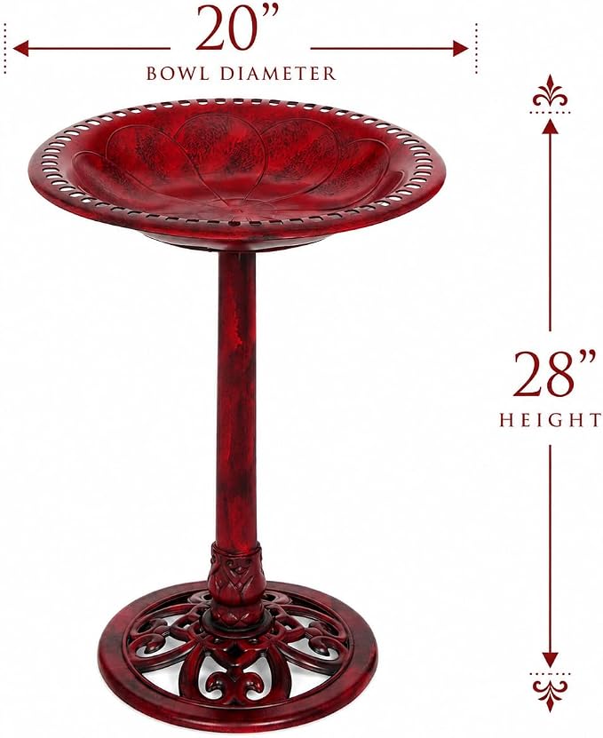 Backyard Expressions Outdoor Garden Bird Bath - Red - Weather Resistant Polyresin - 27 Inch