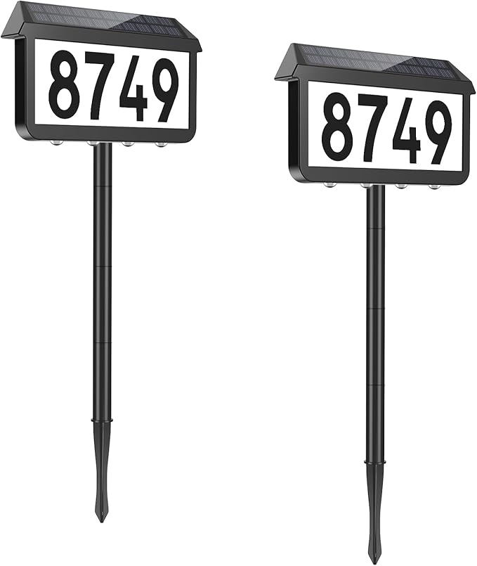 Brightever Solar Address Signs, House Number for Outside Waterproof, 3-Color LED Illuminated Address Plaques with Stake, Wall Mounted Solar Powered Light Up Address Numbers for Houses, 2-Pack