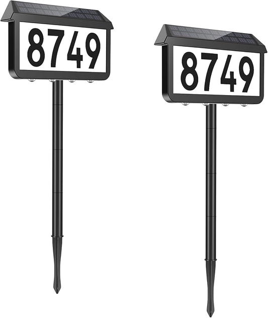 Brightever Solar Address Signs, House Number for Outside Waterproof, 3-Color LED Illuminated Address Plaques with Stake, Wall Mounted Solar Powered Light Up Address Numbers for Houses, 2-Pack