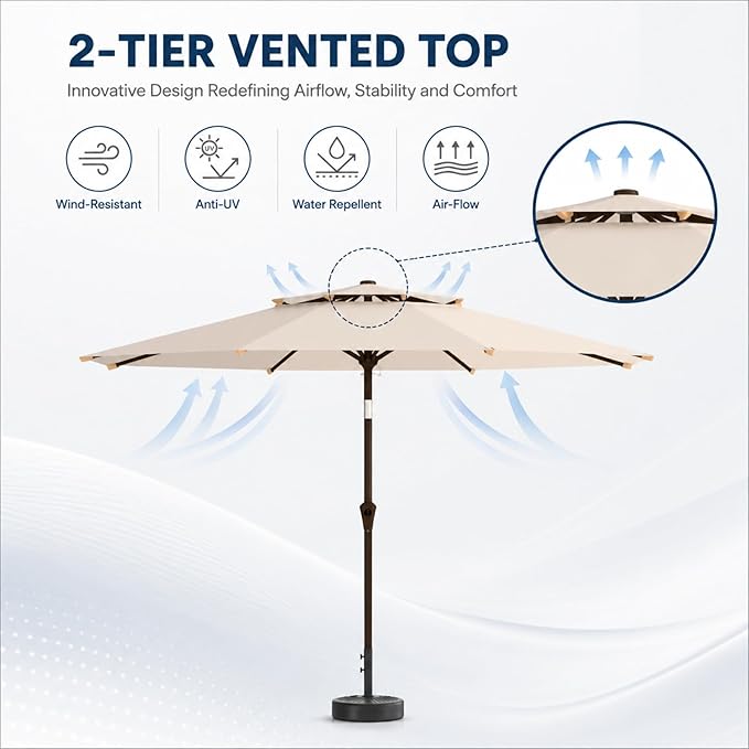 10FT Patio Umbrella, 2 Tier Outdoor Table Umbrella, Large Vented Market Umbrellas with Push Button Tilt and Crank, 8 Sturdy Ribs for Backyard, Deck, Pool, UPF50+ UV Protection