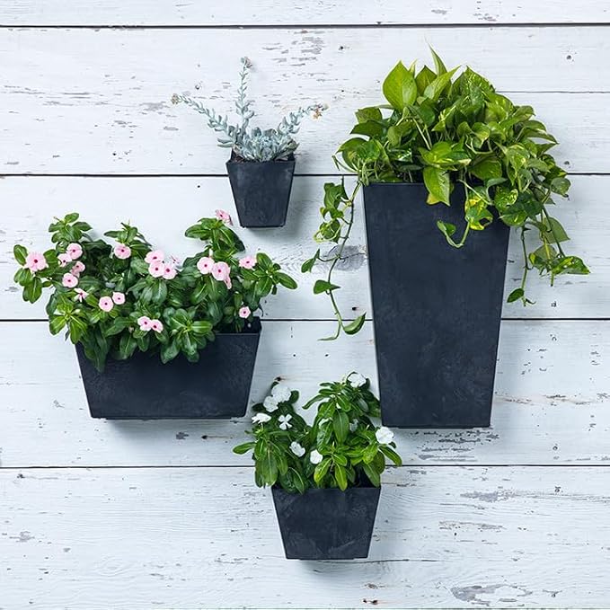 Root & Vessel Self Watering Wall Planters for Indoor or Outdoor Plants, Unique Marbled Wall Pot, Made of Eco-Friendly Blend of Stone and Plastic, Black, 8.5"