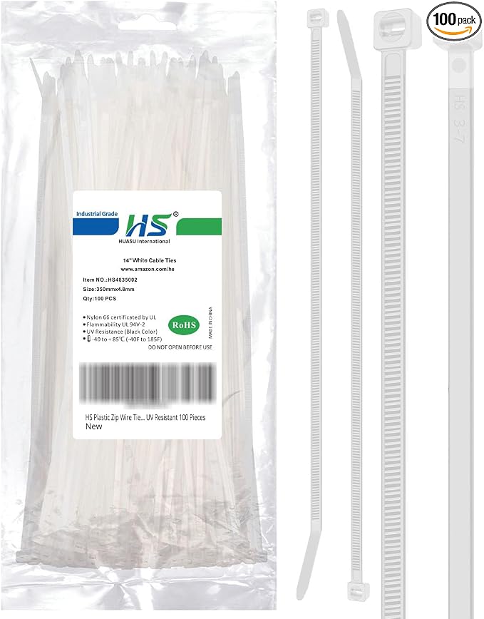 HS 14 Inch Zip Ties White 50 Pounds Tensile Strength Wide Straps (100 Pack) Nylon PA66,Self-Locking Long Electrical Plastic Cable Wire Zipties for Outdoor Use,Multi Purpose