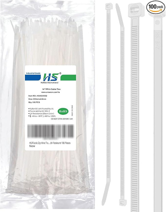 HS 14 Inch Zip Ties White 50 Pounds Tensile Strength Wide Straps (100 Pack) Nylon PA66,Self-Locking Long Electrical Plastic Cable Wire Zipties for Outdoor Use,Multi Purpose