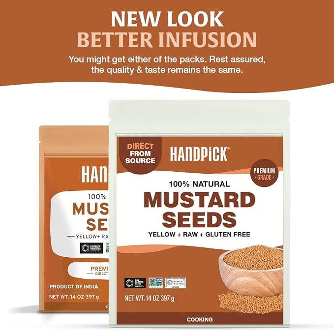 HANDPICK Yellow Mustard Seed (397g/14oz) Non GMO, Gluten Free, 100% Raw, Sourced from India, For Cooking, Pickles, Packed in Resealable Ziplock Pouch