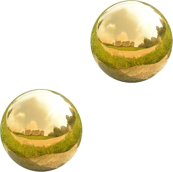 Gazing Ball Garden Mirror Outdoor - Outside Decorative Globe, Gold, 2Pcs | Metal Polished Reflective Sphere, Stainless Steel Hollow Decoration Ornament for Home Pond Swimming Pool Housewarming Gift