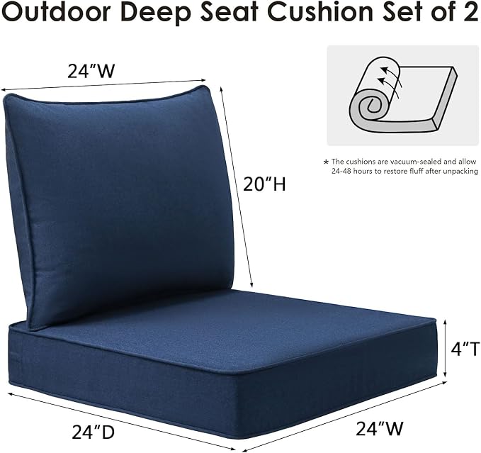 Unimatta Sunbrella Outdoor Patio Chair Cushions Set, 24" x 24", Set of 2, Water-Repellent, Fade Resistant, Deep Seat Cushion for Backyard, Couch, Sofa and Patio Furniture, Specrtum Indigo