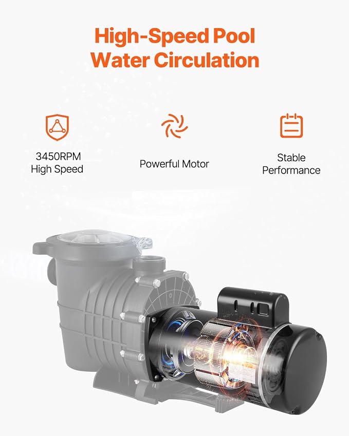 VEVOR 1 HP Pool Pump Motor, 3450 RPM High Speed, 115V (9.0 Amps) / 230V (4.5 Amps), 90μF/250V Capacitor, 1.25 SF, CCW Rotation, 56Y Square Flange Replacement Motor for Swimming Pools, Spa Centers