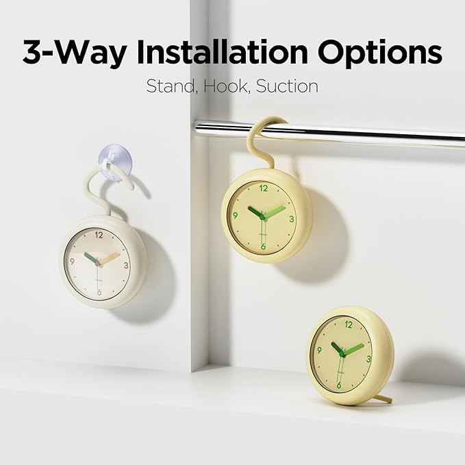 mooas Marshmallow Shower Bathroom Clock, Waterproof Shower Clock, Silent Non-Ticking Battery Operated with Stand, Hook, Suction, Bathroom Kitchen Shower Booth (Cream Yellow)