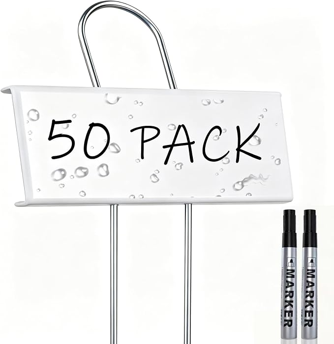 50 Pack Metal Plant Labels with 2 Pens - 10.6" Weatherproof Garden Markers, Reusable Nursery Tags for Vegetables Herbs Flowers Seedlings, White