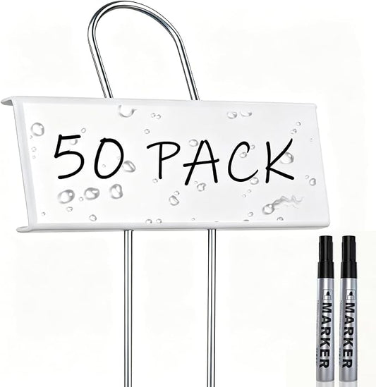 50 Pack Metal Plant Labels with 2 Pens - 10.6" Weatherproof Garden Markers, Reusable Nursery Tags for Vegetables Herbs Flowers Seedlings, White