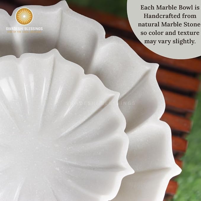 SWADESHI BLESSINGS HandCrafted Marble Lotus Bowl/Organic Modern Home Decor Bowl/Fruit Bowl/Vintage Ring Dish/Decorative Flower Dish/HouseWarming Gifts/Wedding Gifts/Urli (9 Inches)