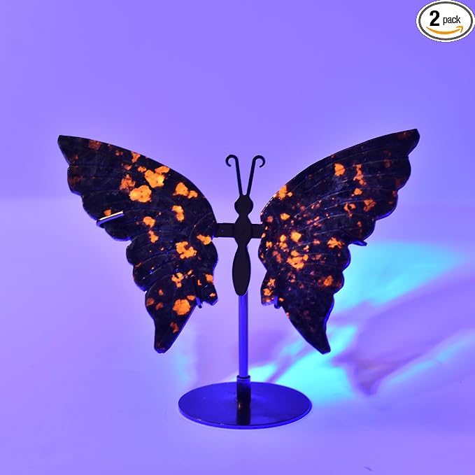 JIC Gem Natural Flame Yooperlite Stone Crystal Butterfly Art Decorative Healing Crystal Slices Carved Angel Wings with Silver Stand Office Home Decor Reiki Gifts (1pair, 10cm)