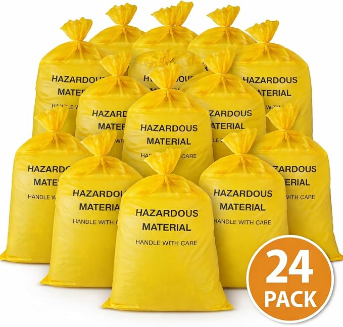 10-Gallon Hazardous Waste Bags (24 pack, Yellow) w/Twist Ties – 17” Wide x 30” Tall, 4 mil Thickness – Pack of 24! Made in the USA!