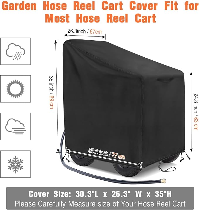 Garden Hose Reel Cart Cover, 600D Outdoor Hose Cart Covers for outside, Waterproof Hose Reel Cover, All Season Protection-30.3"L x26.3"Wx 35"H